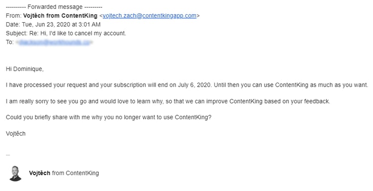 ContentKing subscription cancellation email