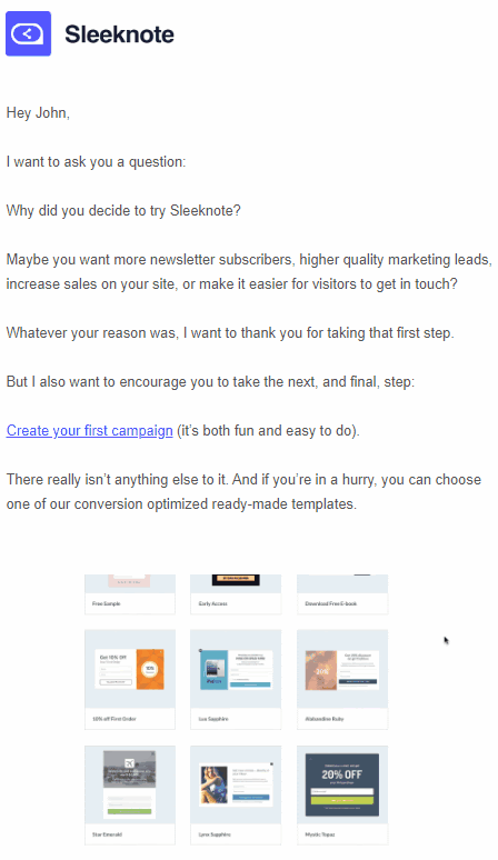 Sleeknote onboarding email