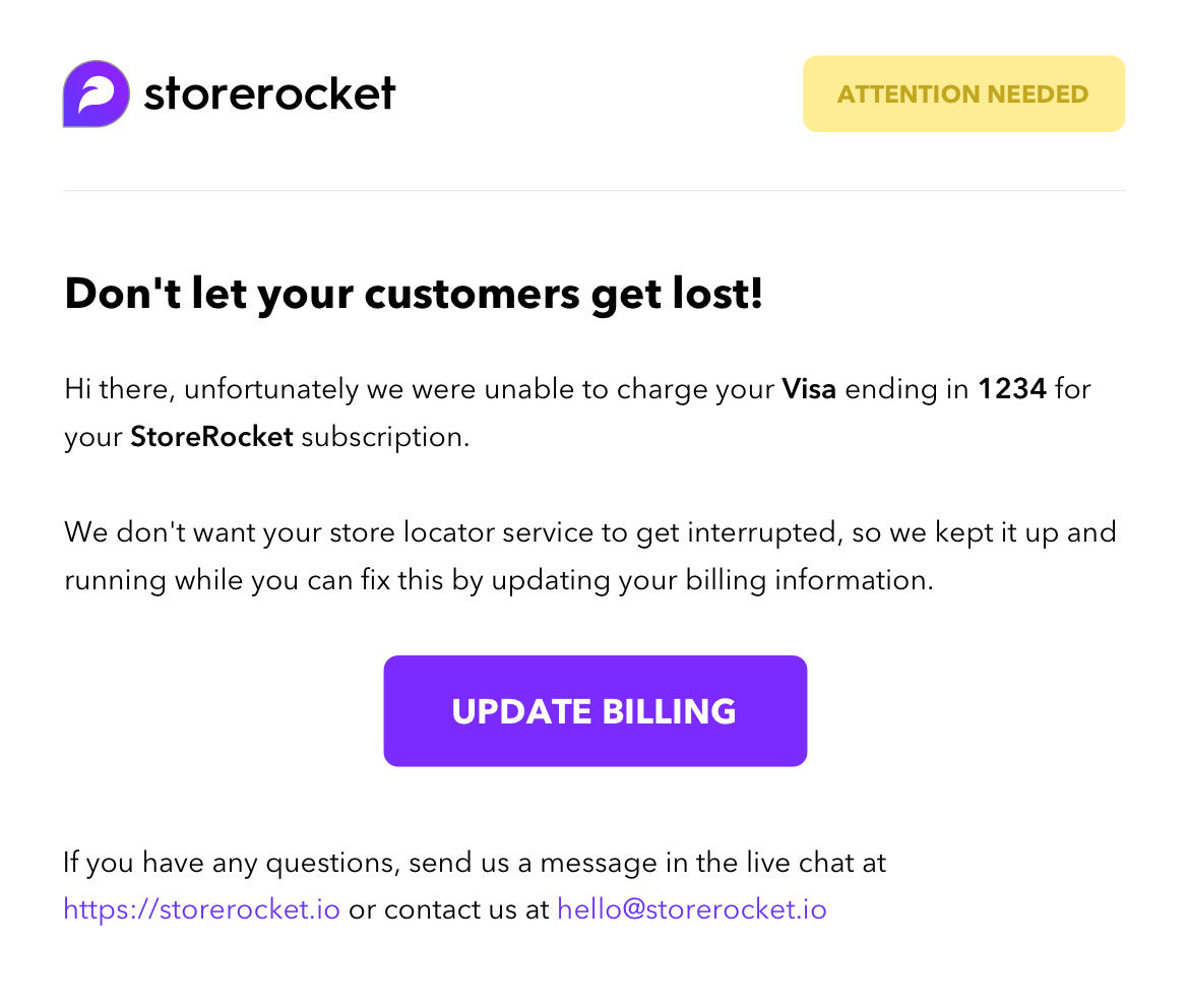 StoreRocket dunning email
