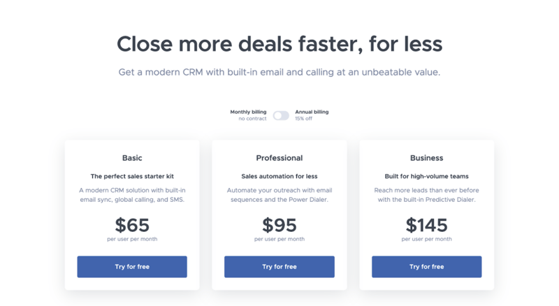 SaaS pricing models and strategies example: Close pricing page