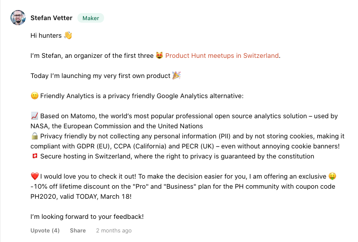 friendly analytics producthunt launch