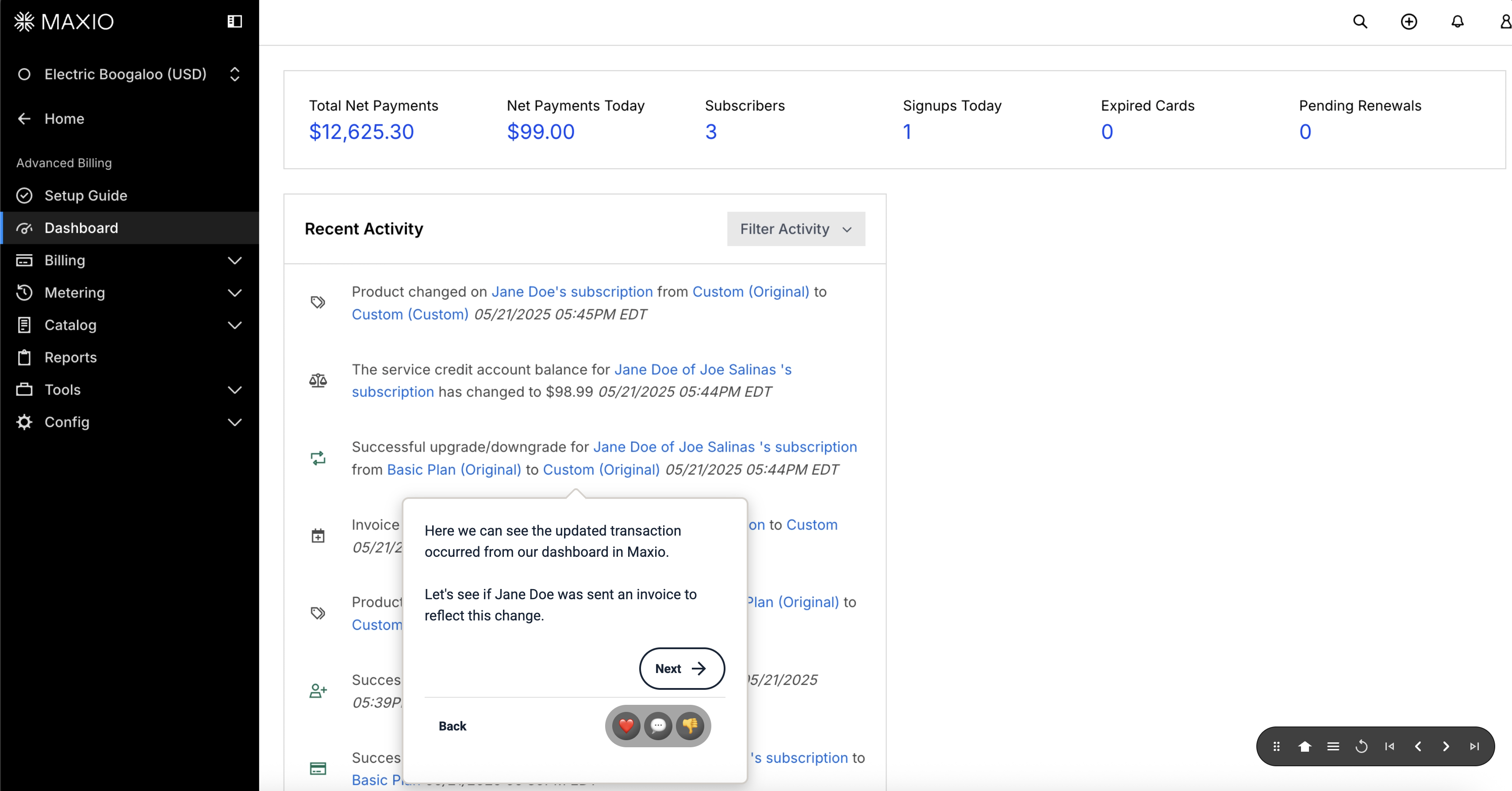 Maxio Dashboard [Product Tour Screenshot]