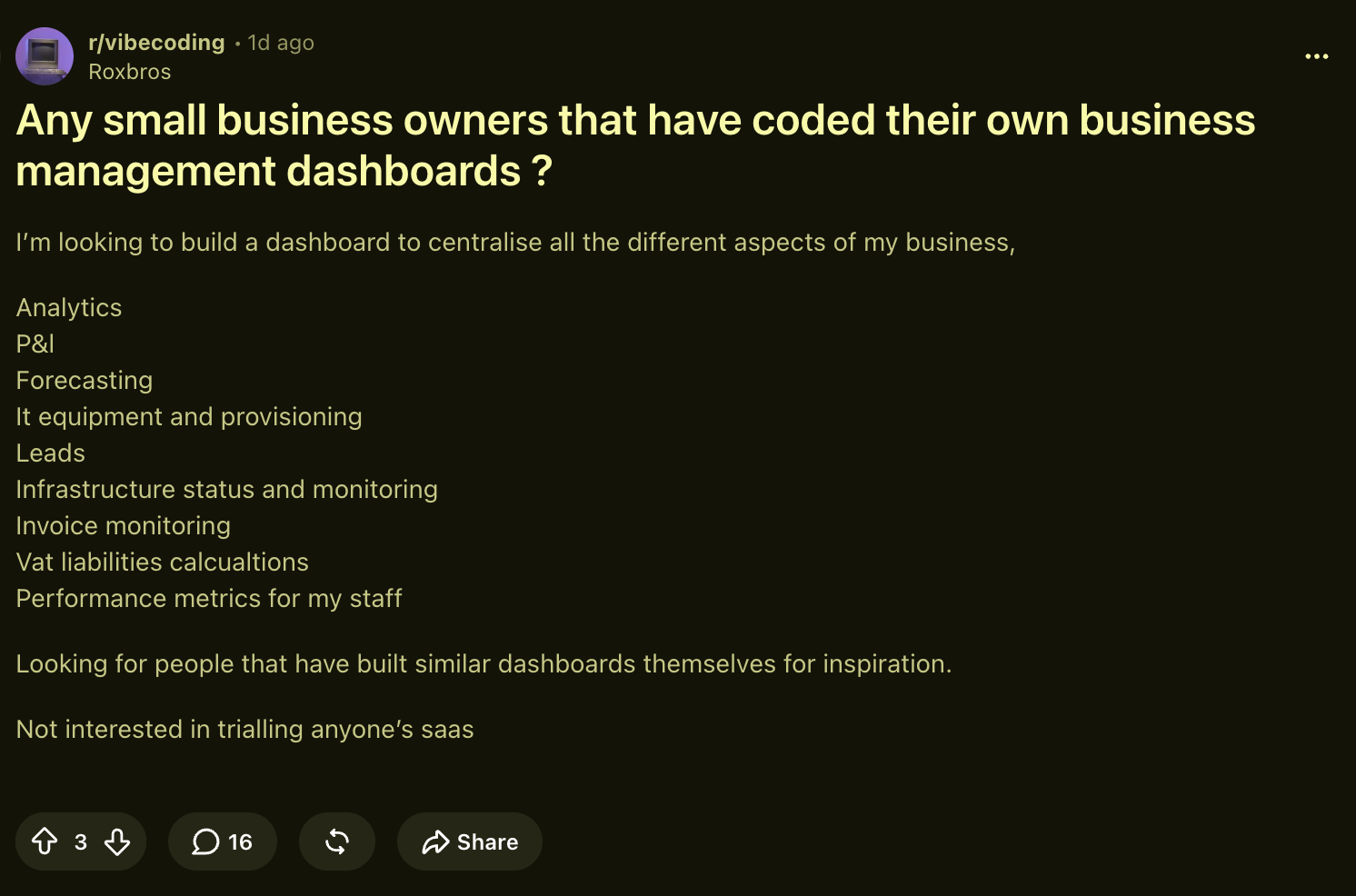 Vibe-coding B2B SaaS Dashboards [Reddit Discussion]