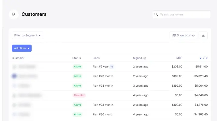 Customer segmentation table with filters, status, plan, MRR and LTV columns in Baremetrics (sample data)