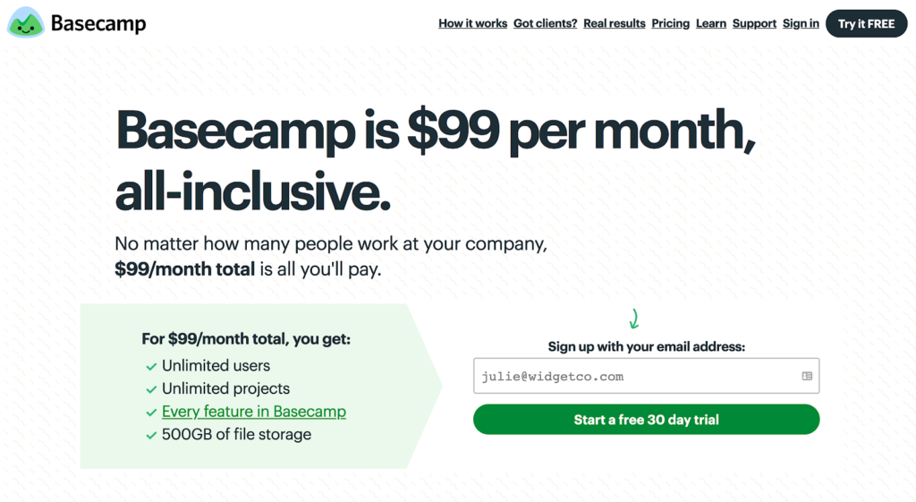 SaaS pricing models and strategies example: Basecamp pricing page