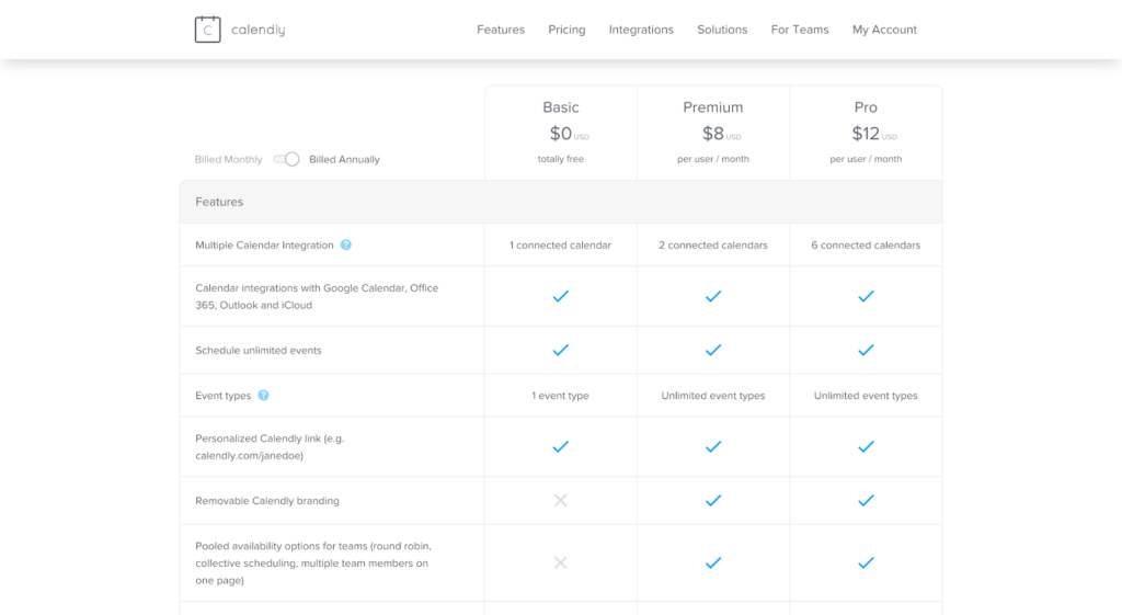 SaaS pricing models and strategies example: Calendly pricing page