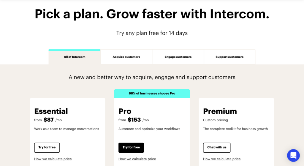 SaaS pricing models and strategies example: Intercom pricing page