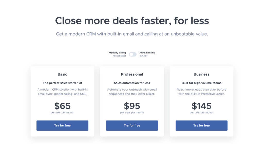 SaaS pricing models and strategies example: Close pricing page