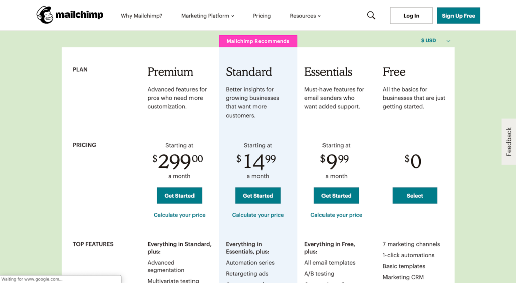 Activation model example: Mailchimp pricing page