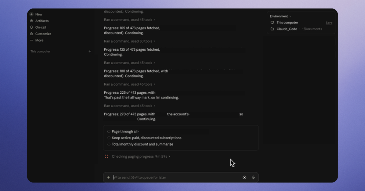 Claude posts progress updates as it pages through every subscription in the account to total the discounts.